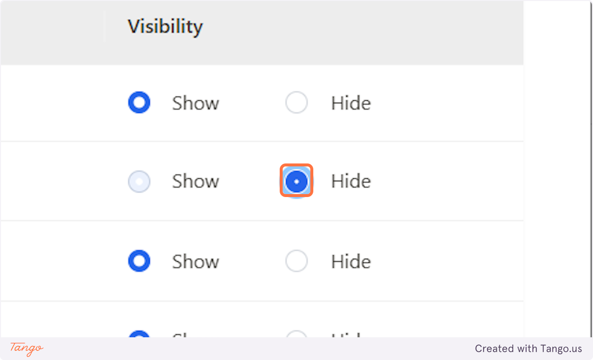 Click on hide to hide a feature.