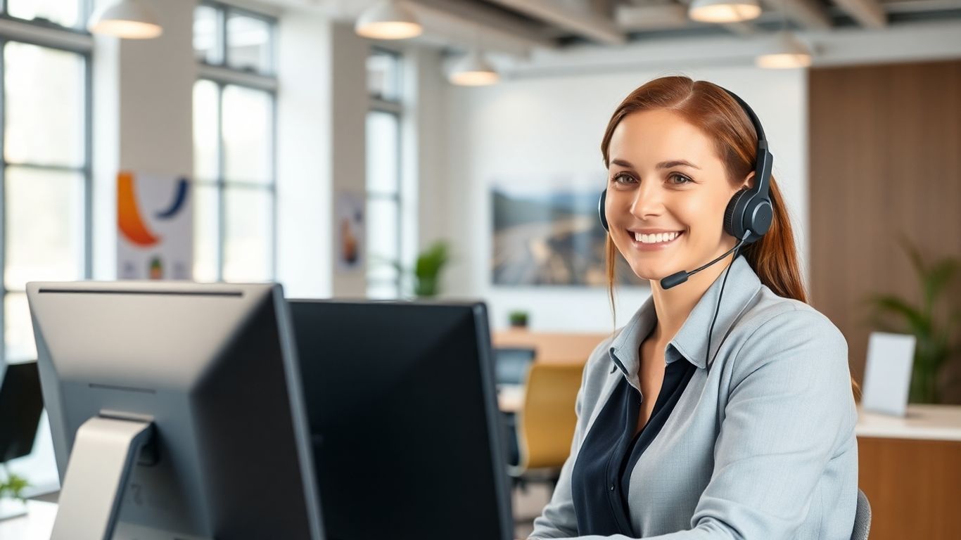 Receptionist at computer with headset in a modern office.
