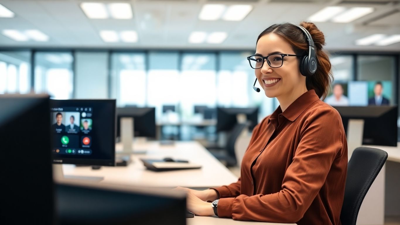 Receptionist with headset at modern desk in bright office