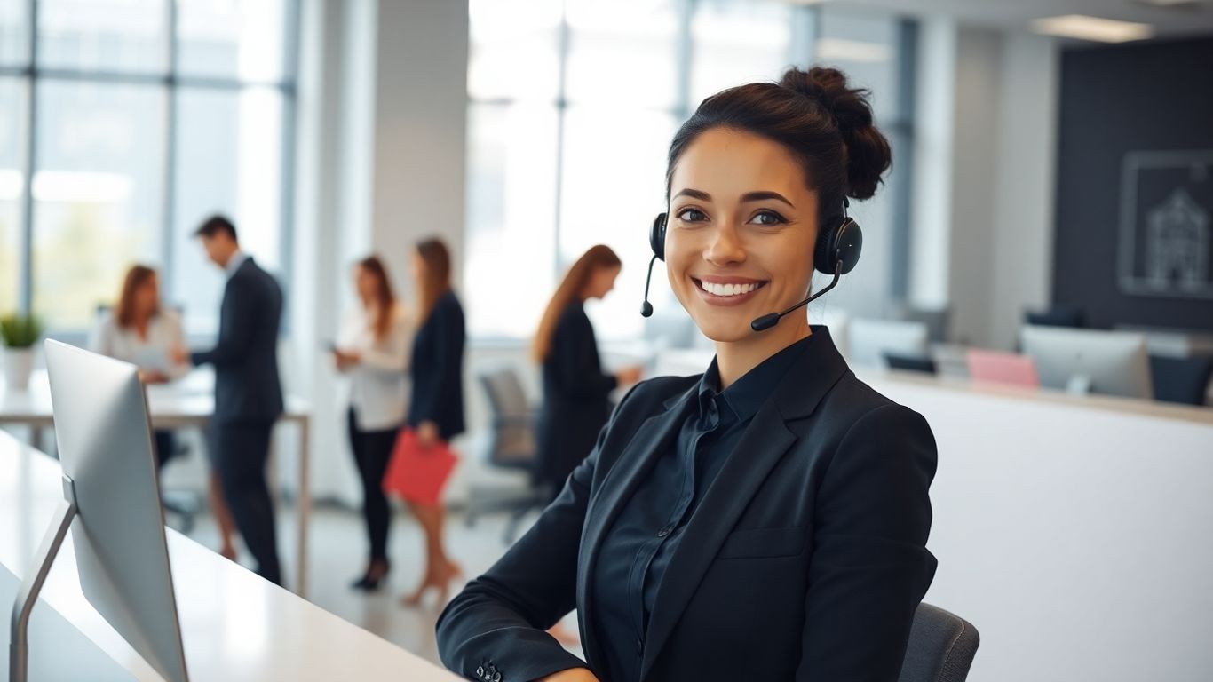 Receptionist answering calls at a modern, bright office desk.