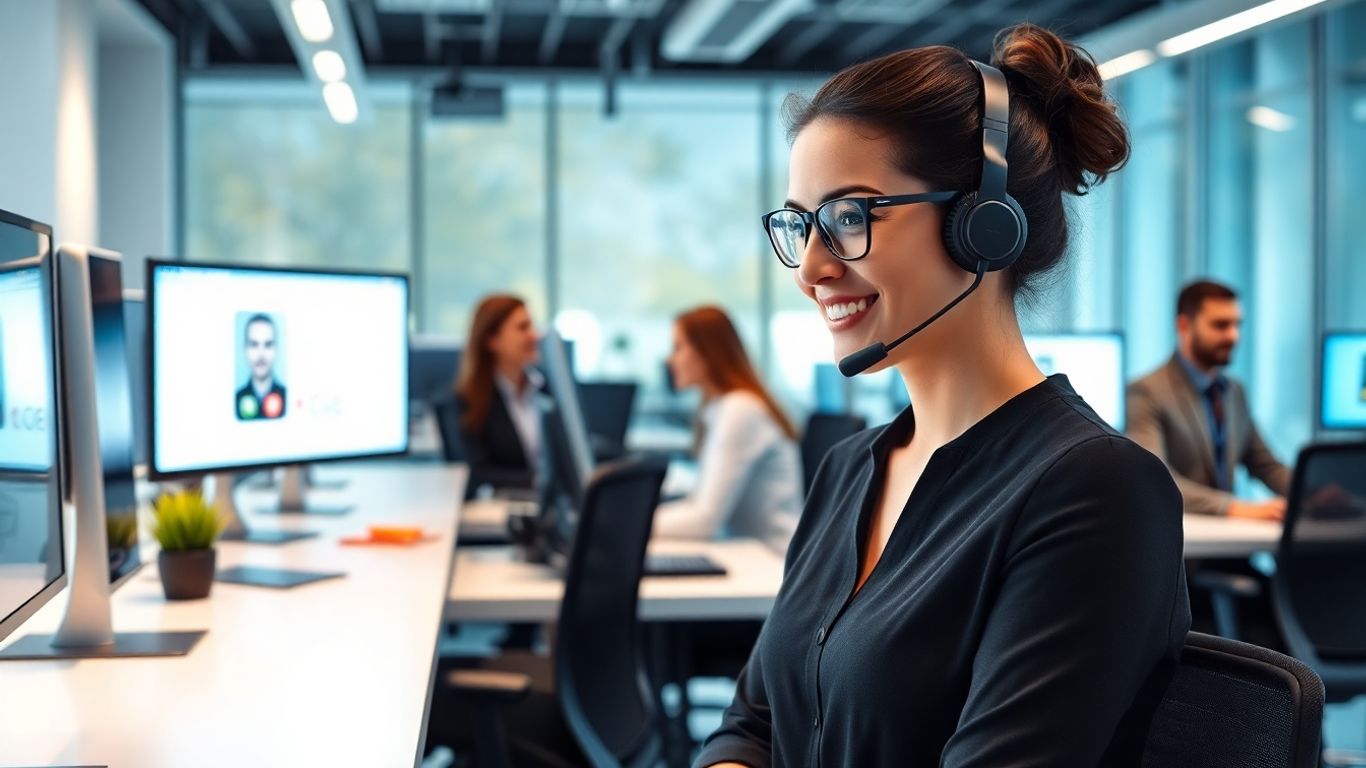 Receptionist with headset managing business calls in office.