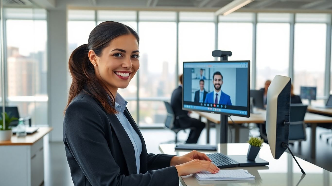 Receptionist on video call in bright modern office