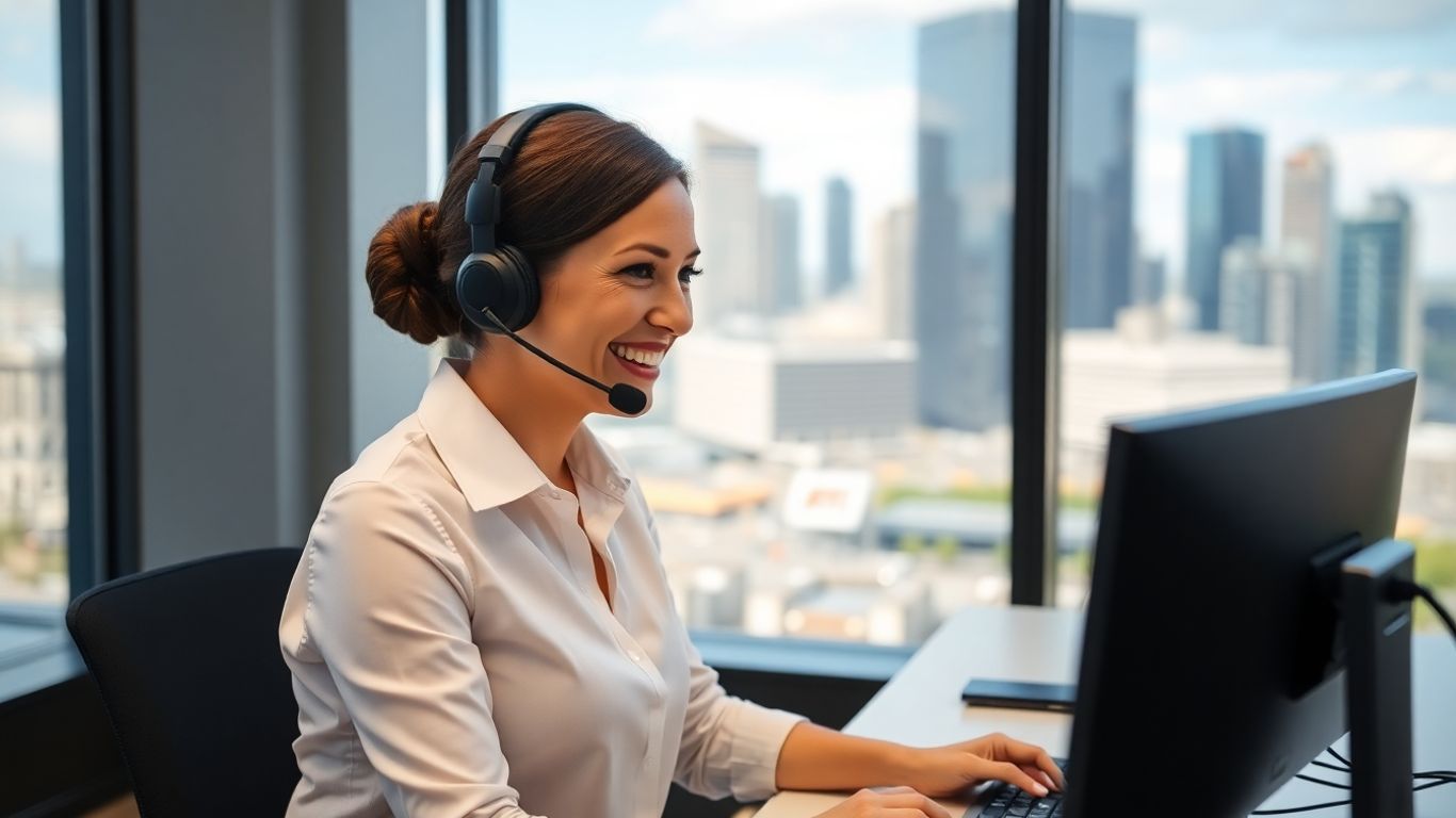 Virtual receptionist with headset in modern Perth office.