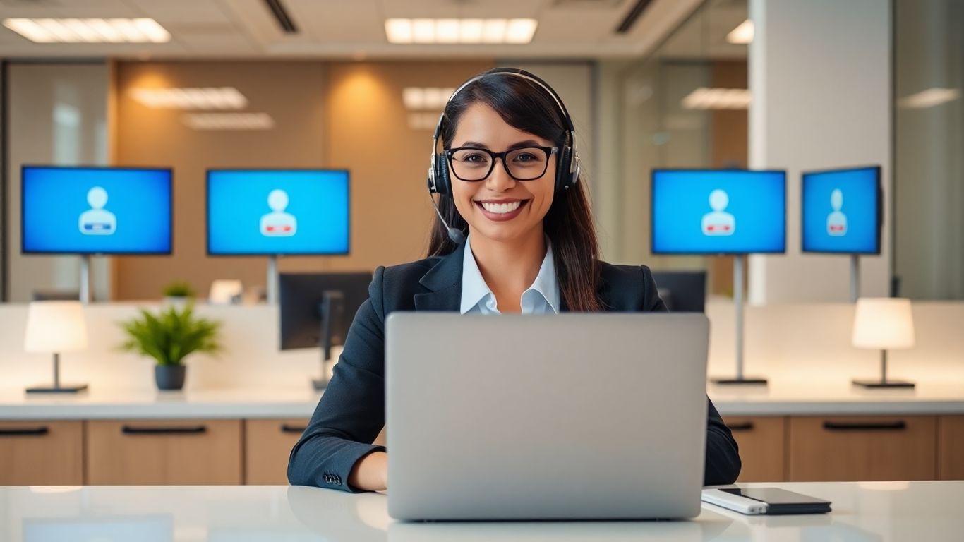Virtual receptionist with headset providing support in modern office.