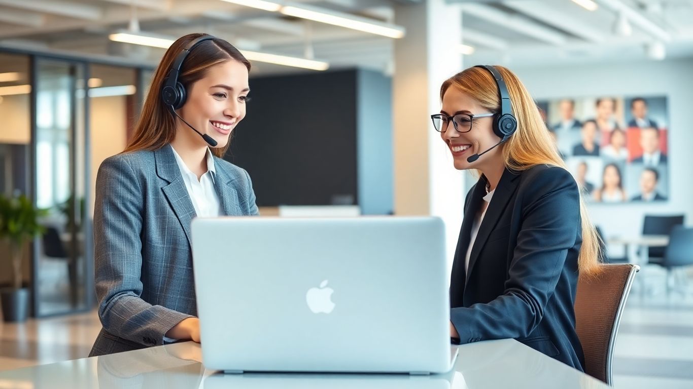 Receptionist with headset assisting a client in office.