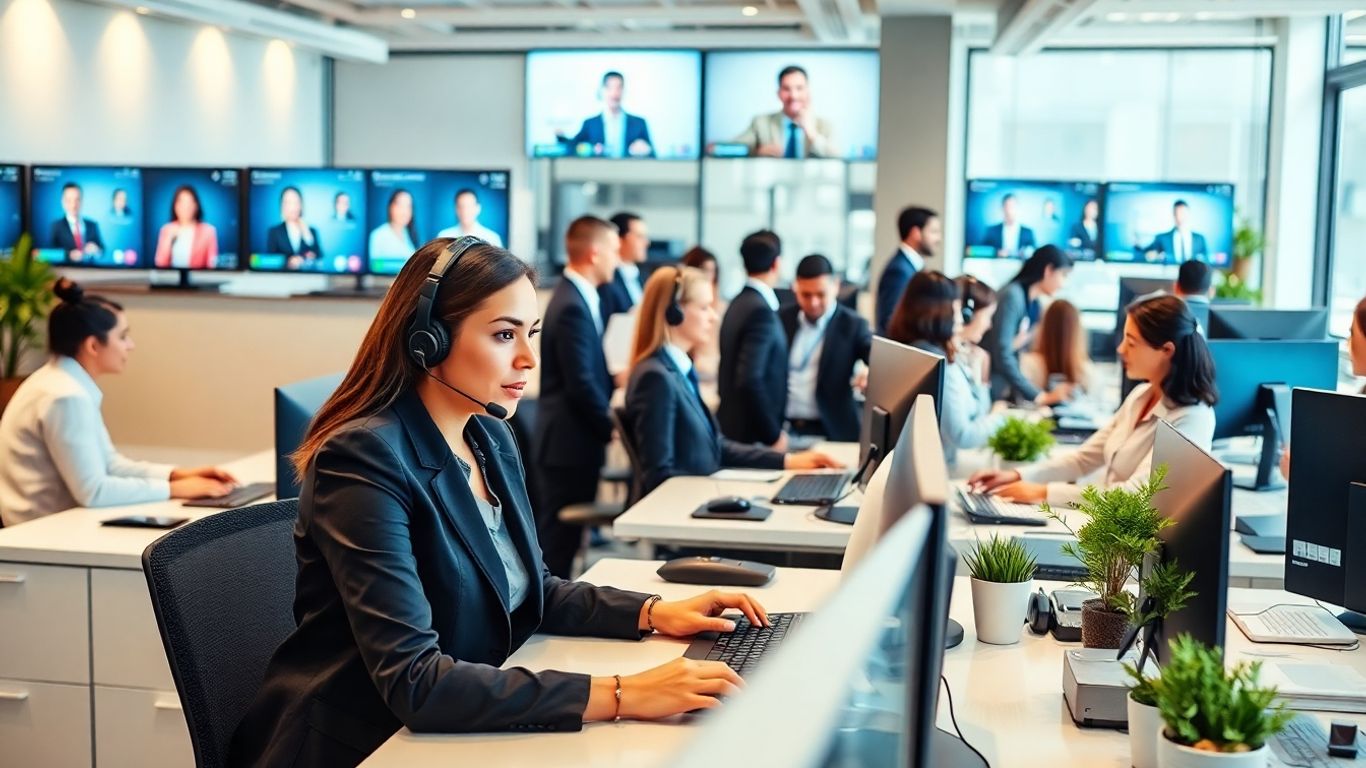 Receptionist with headset handling calls in modern office