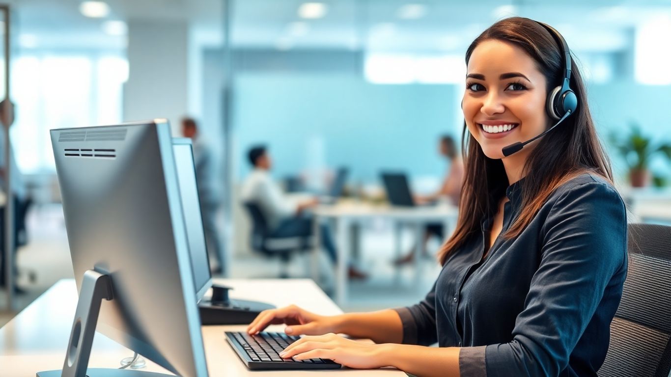 Smiling virtual receptionist assisting customers in a modern office