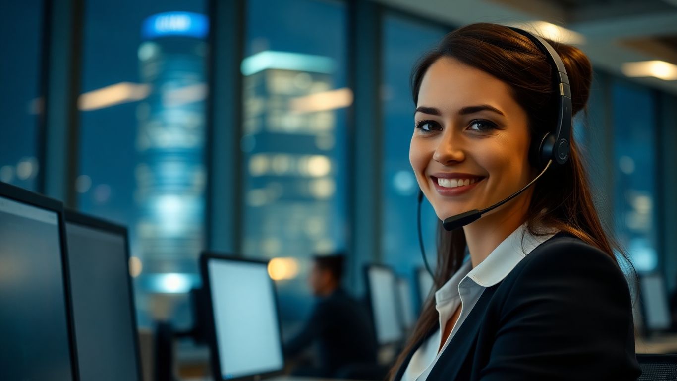 Night office woman with headset offering virtual receptionist service.