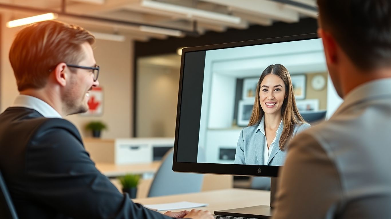 Virtual receptionist on monitor in Canadian office setting