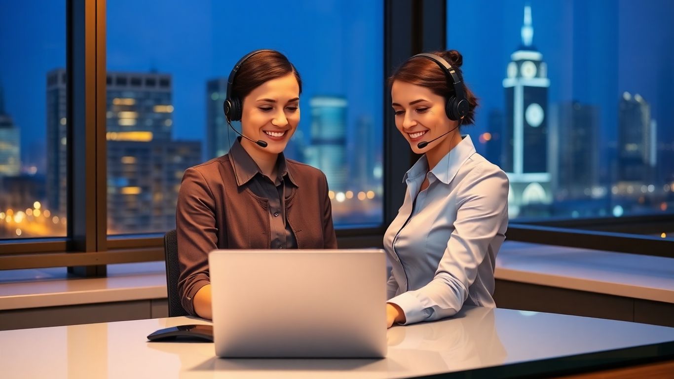 Receptionist with headset at desk, nighttime city skyline visible.