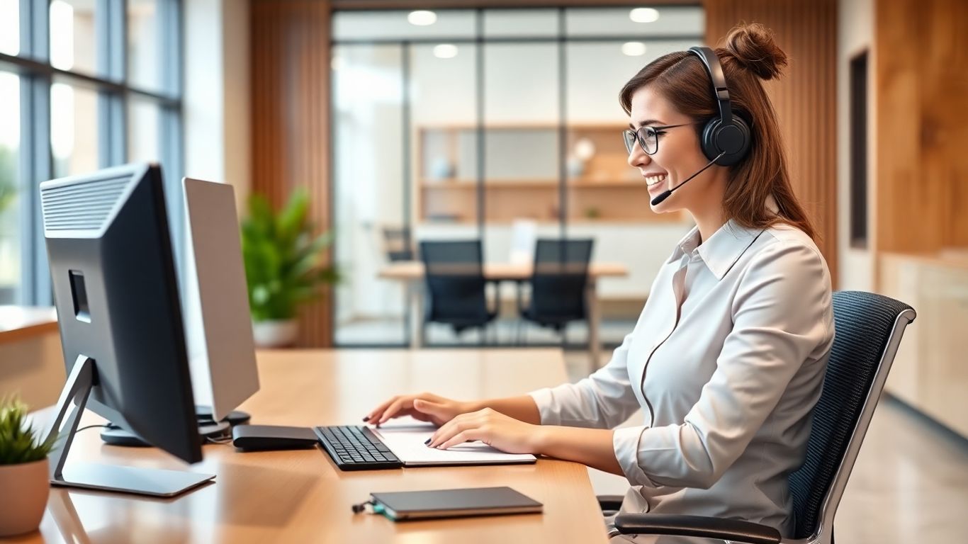 Virtual receptionist at desk with headset in bright office
