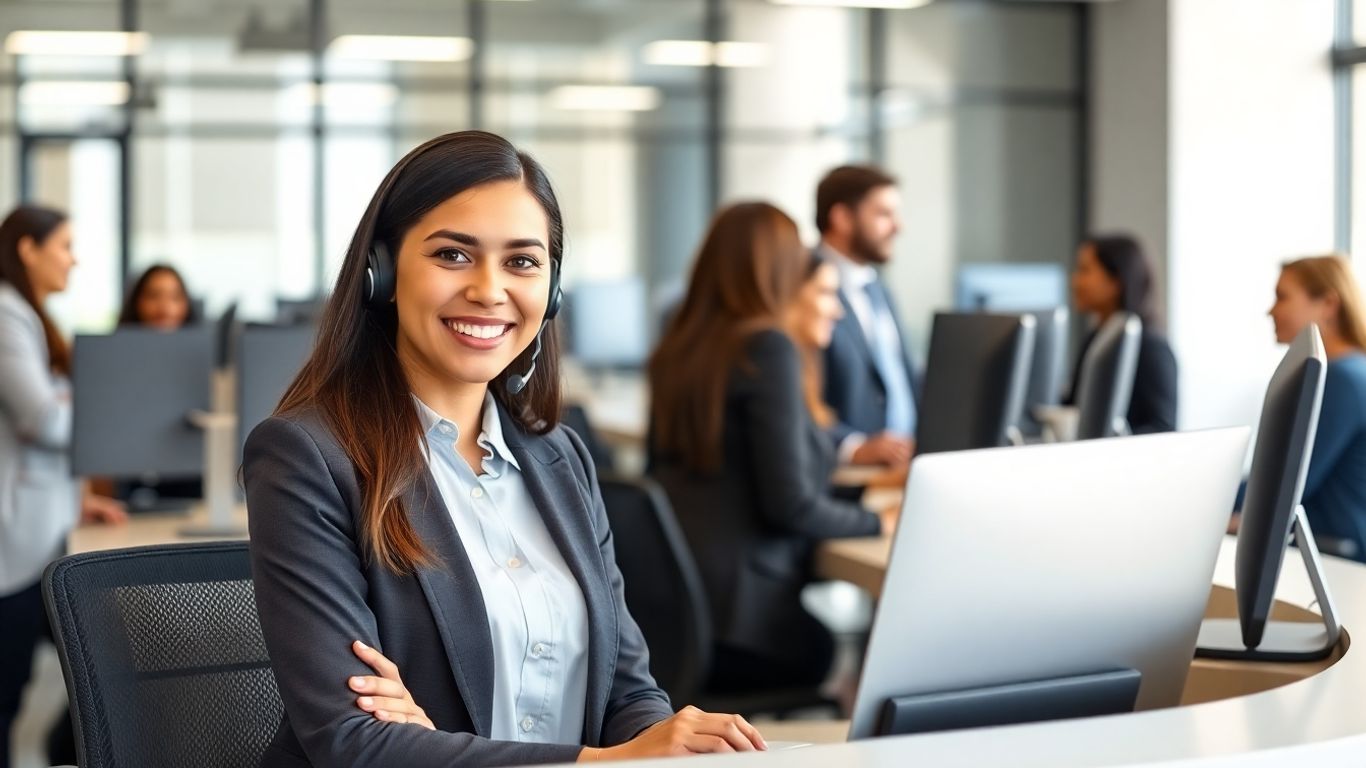 Receptionist with headset in modern Canadian office setting