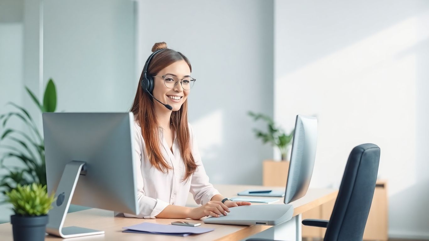 Virtual receptionist working at computer with headset