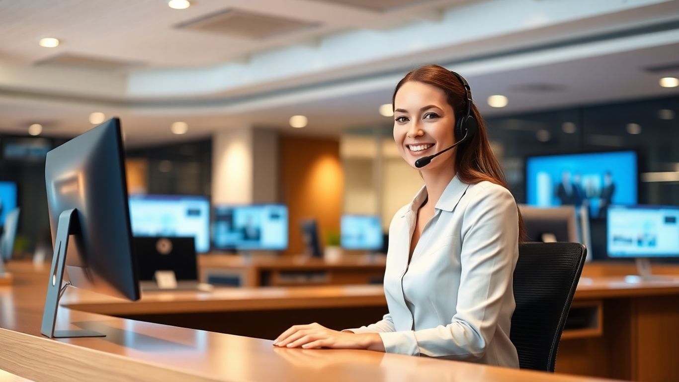 Businesswoman with headset at contemporary office reception desk