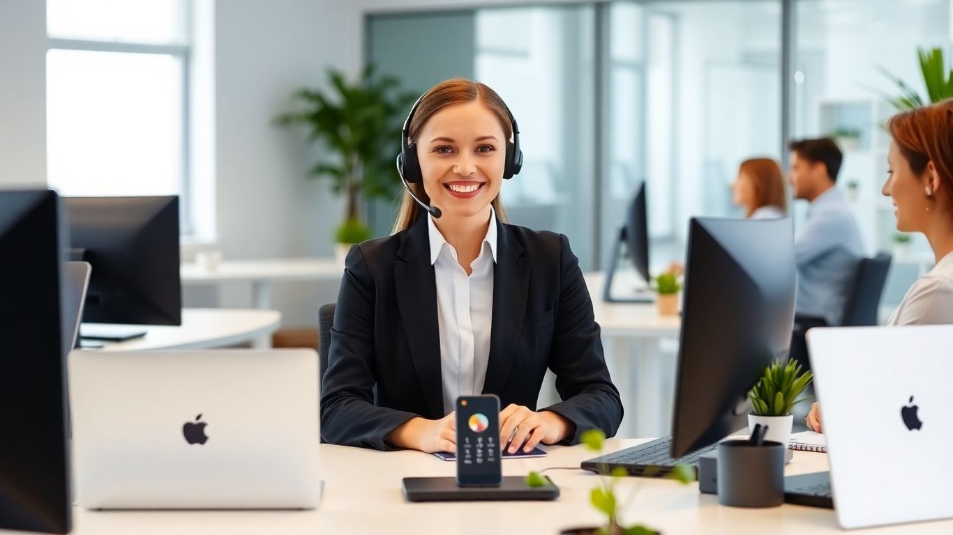 Virtual receptionist at computer assisting business professionals