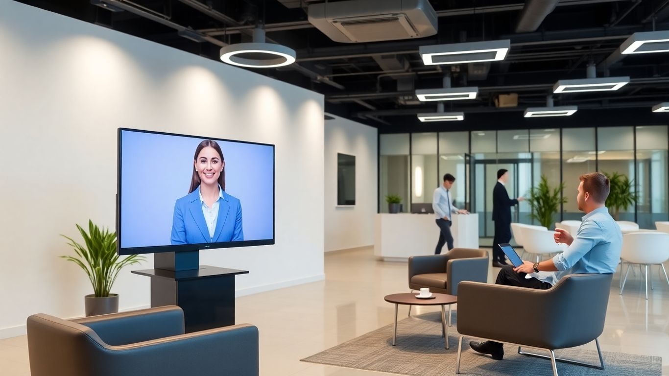Virtual receptionist on computer screen in stylish office