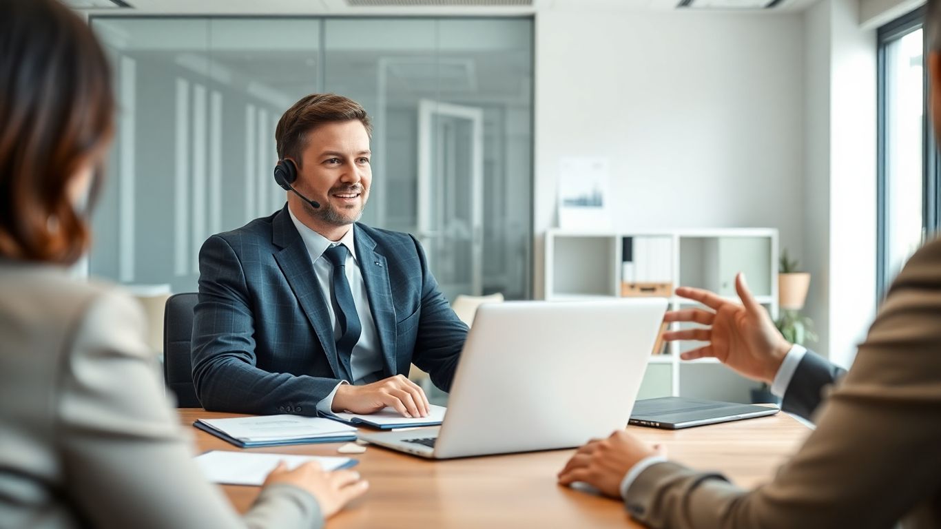 Attorney with headset at desk in modern law office
