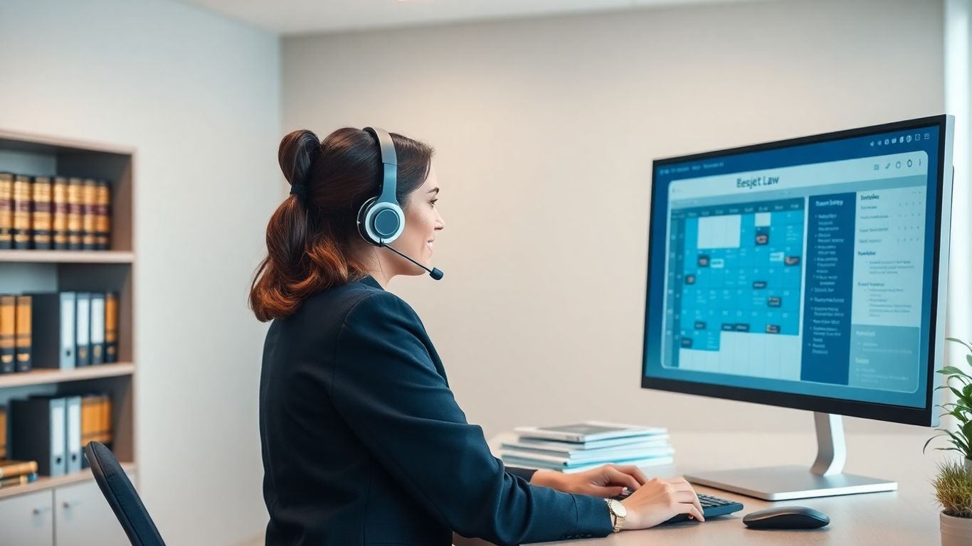 Law office receptionist managing digital calendar and phone calls