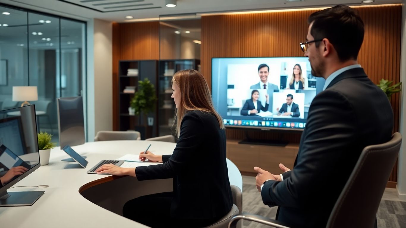 Attorney video calls a virtual receptionist in office setting.