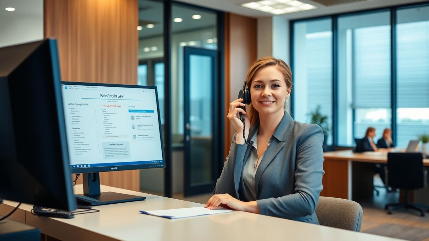 Receptionist answering calls in a contemporary law office
