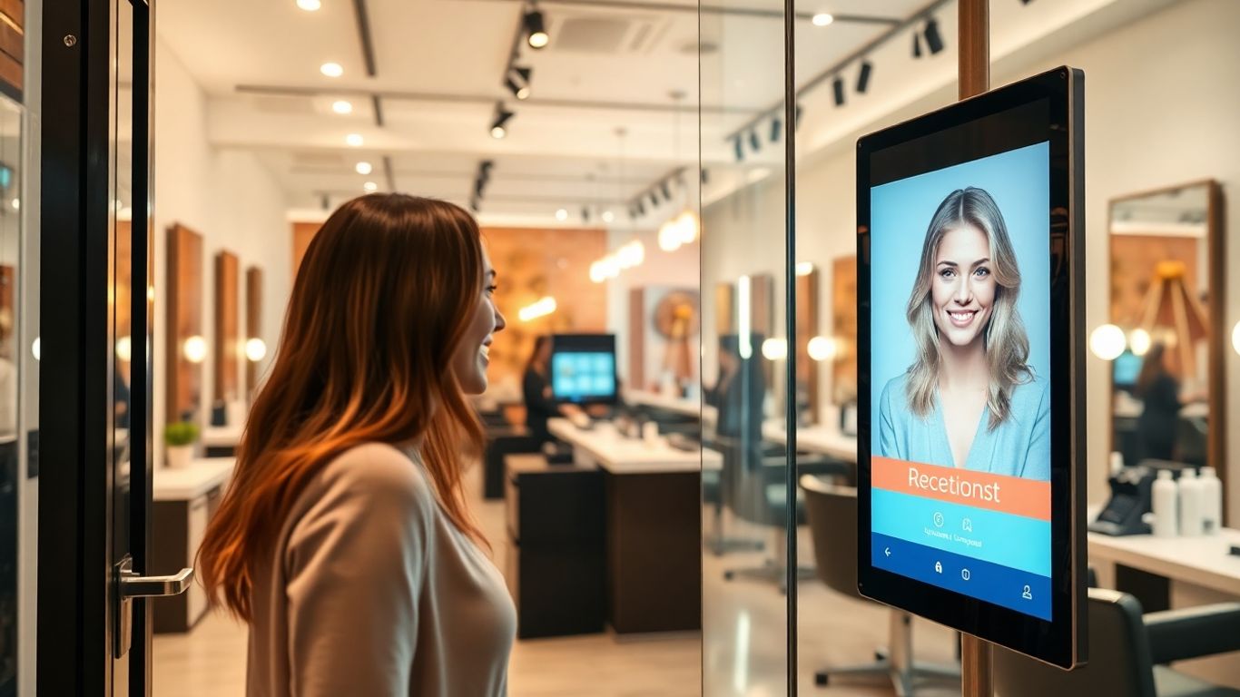 Client greeted by virtual receptionist screen at salon entrance.
