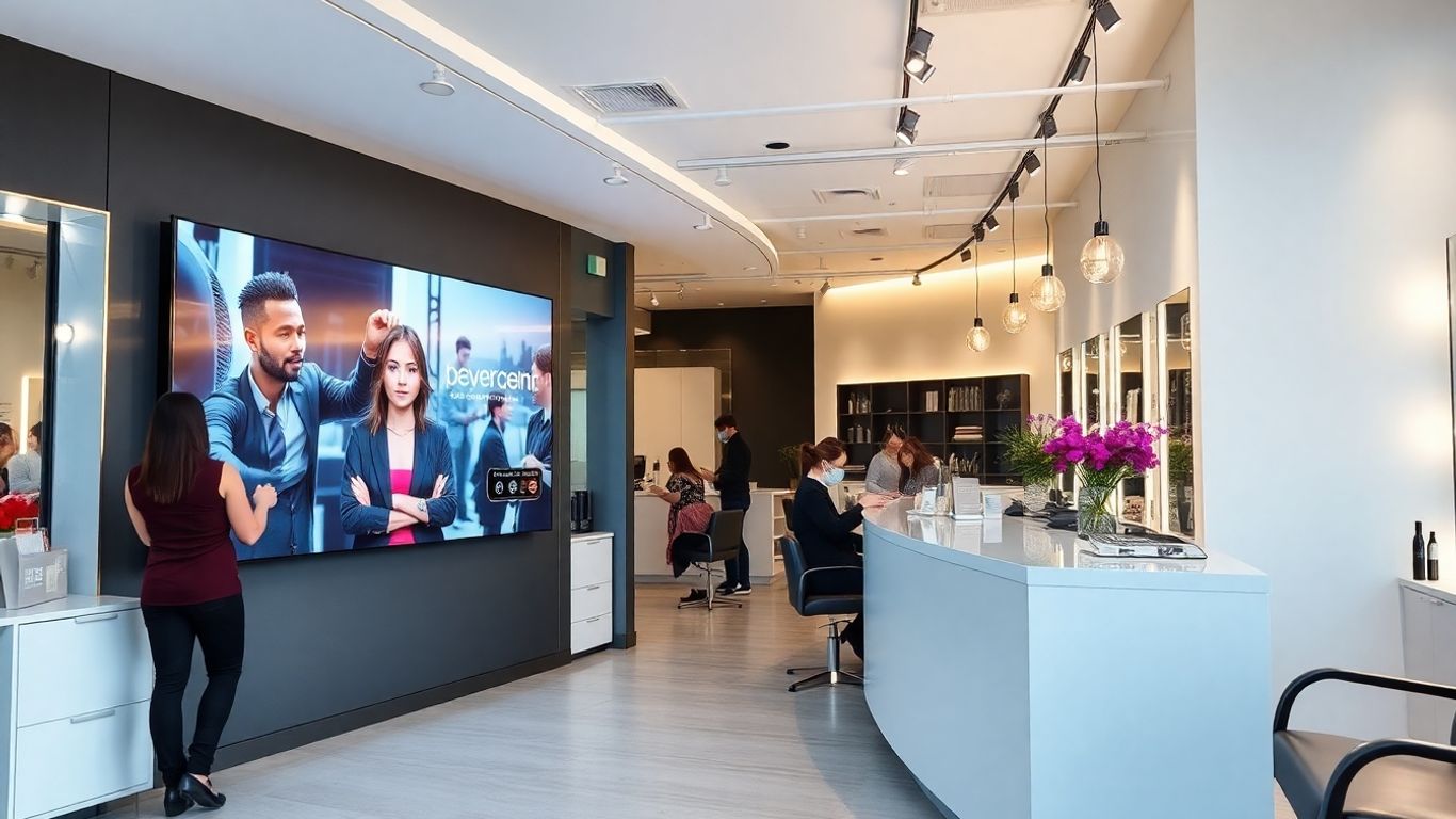 Virtual salon receptionist in modern, bright salon setting