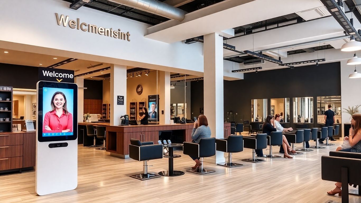 Salon with digital kiosk and virtual receptionist screen