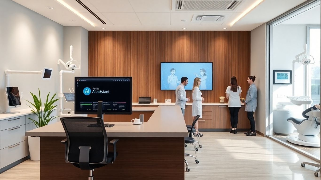Dental staff using AI computer assistant in reception area.