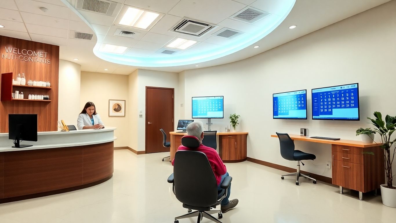 Dental office receptionist using computer with patient nearby