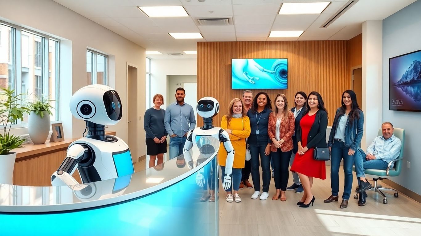 AI robot greets diverse dental patients at modern clinic