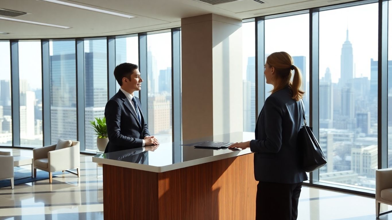 Receptionist greeting visitor in modern NYC office lobby