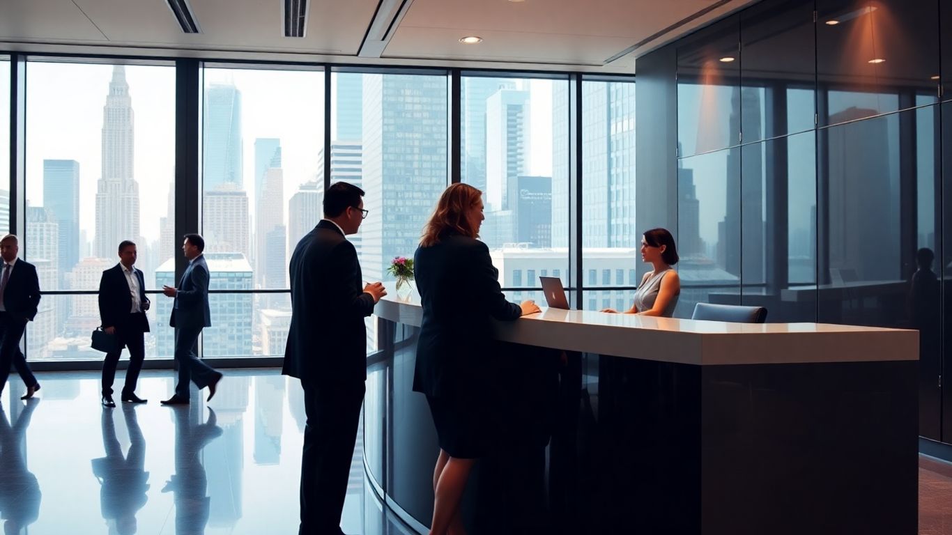 Receptionist greeting clients in a modern New York office.