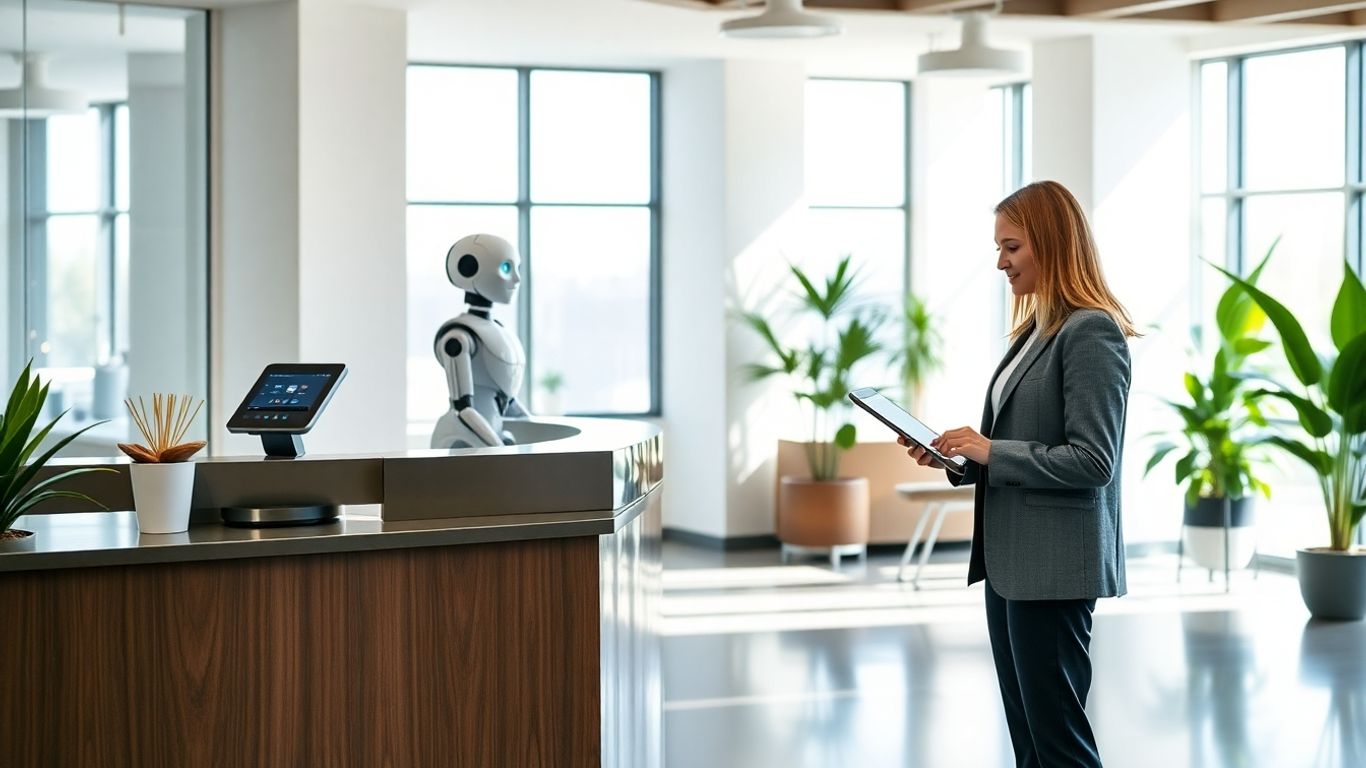 Modern office with AI robot receptionist and digital kiosk