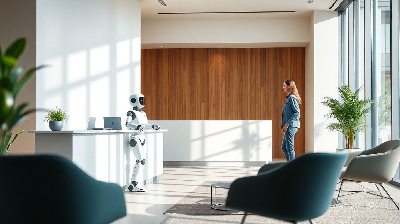 Robot assistant greets visitor at bright modern office reception.