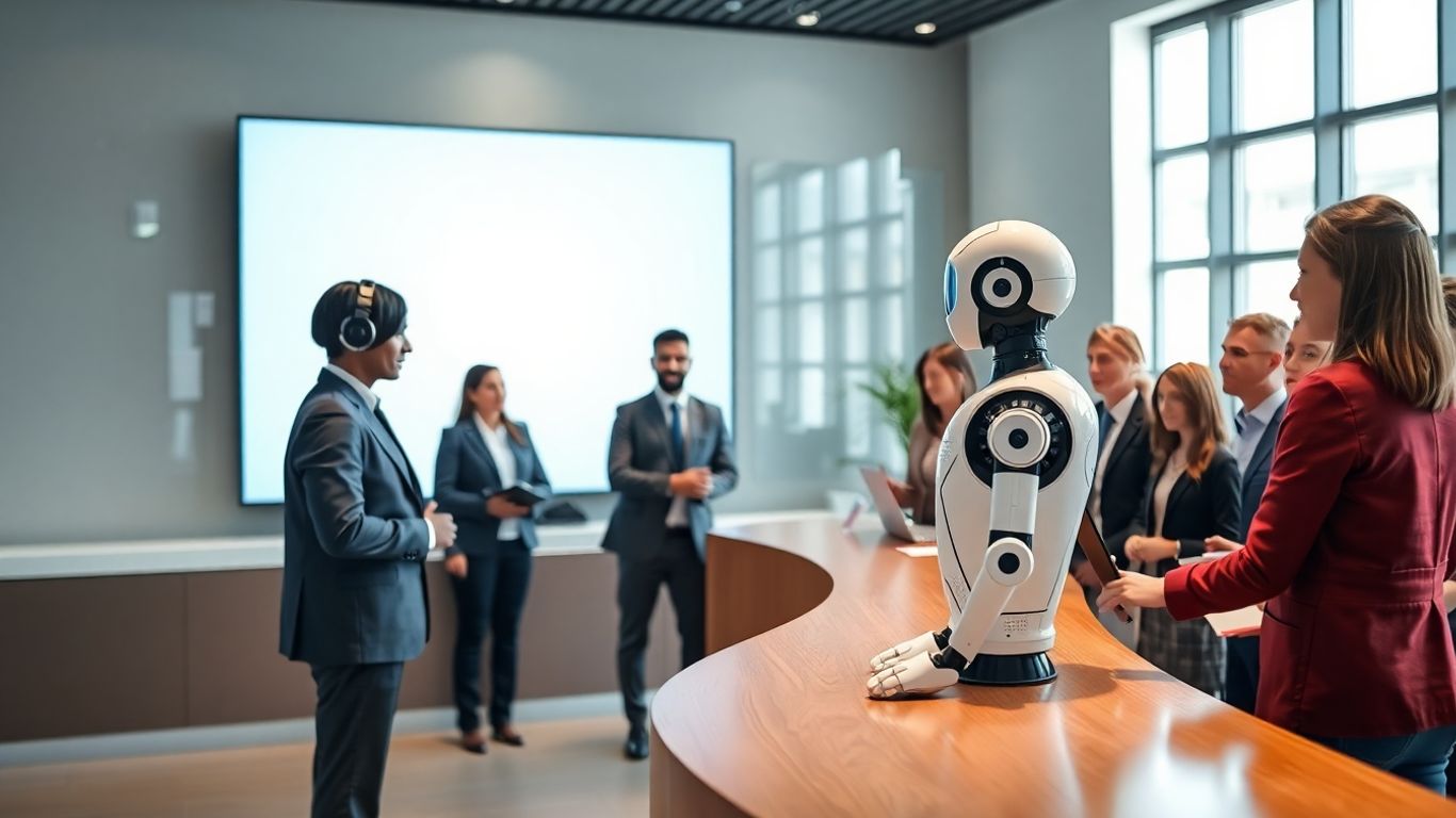AI robot greets business people at office reception