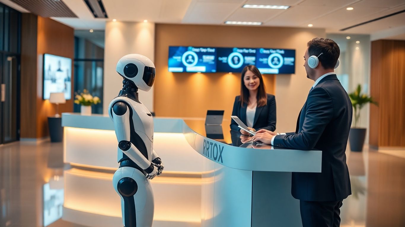 AI robot receptionist warmly greeting business professional in lobby
