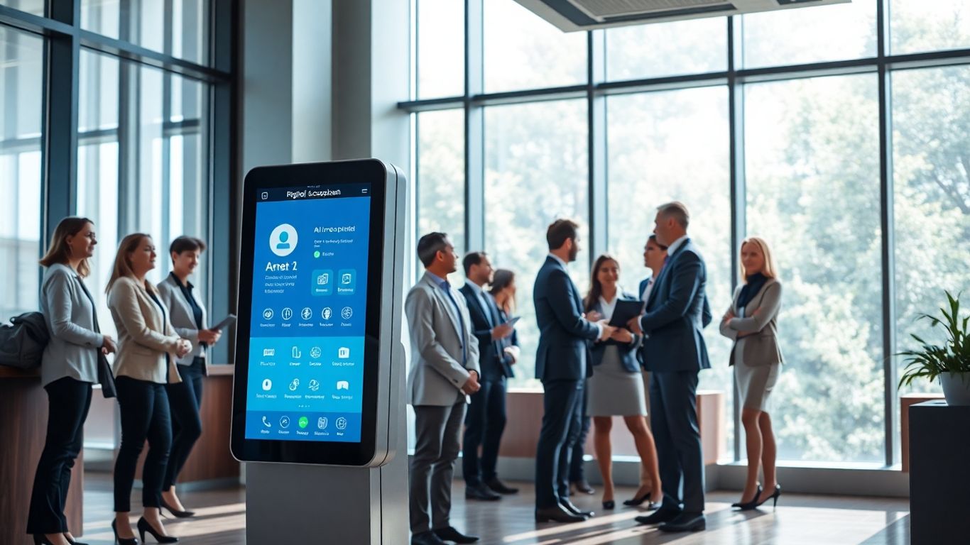 AI receptionist kiosk greeting business professionals in office