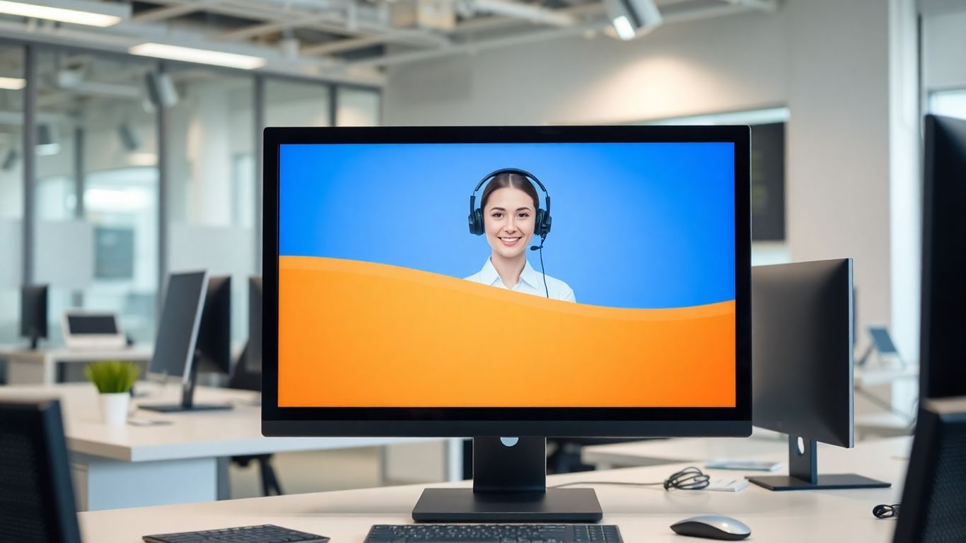 Virtual receptionist on computer in modern bright office