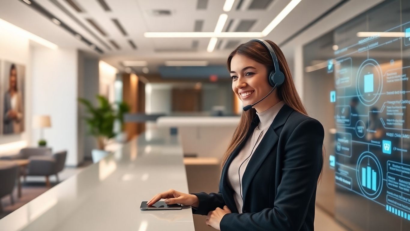 Receptionist with headset in modern digital office environment