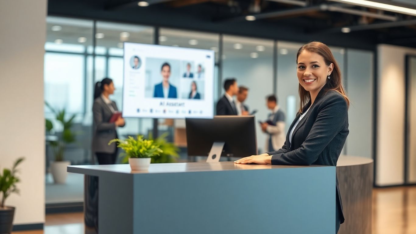 Receptionist consulting virtual assistant at modern office desk