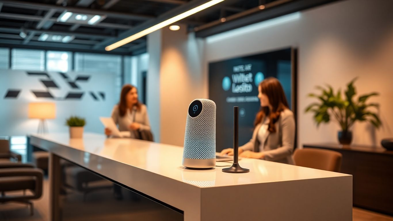Business professionals interact with AI voice assistant at reception