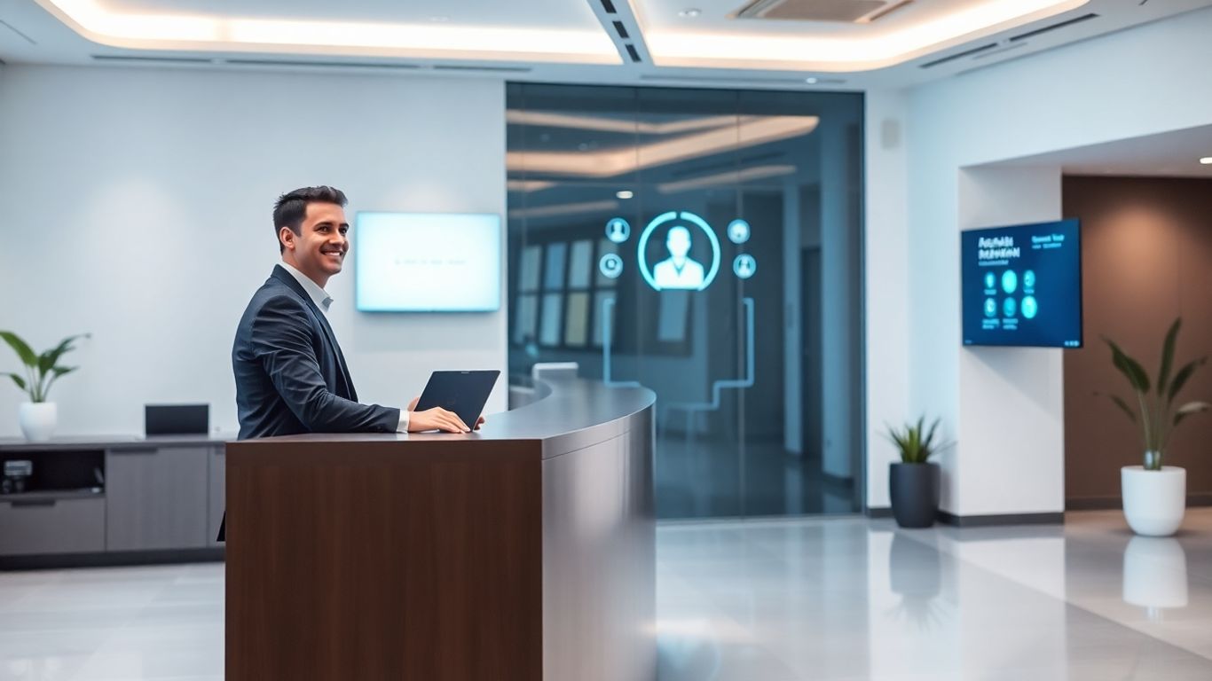 Business professional greets virtual AI assistant at reception desk.