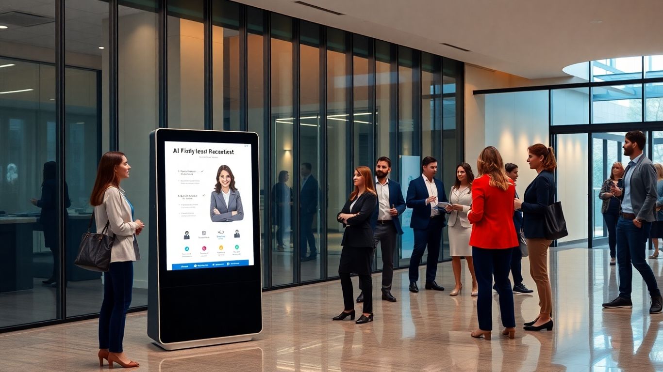 AI receptionist kiosk in modern office lobby with professionals
