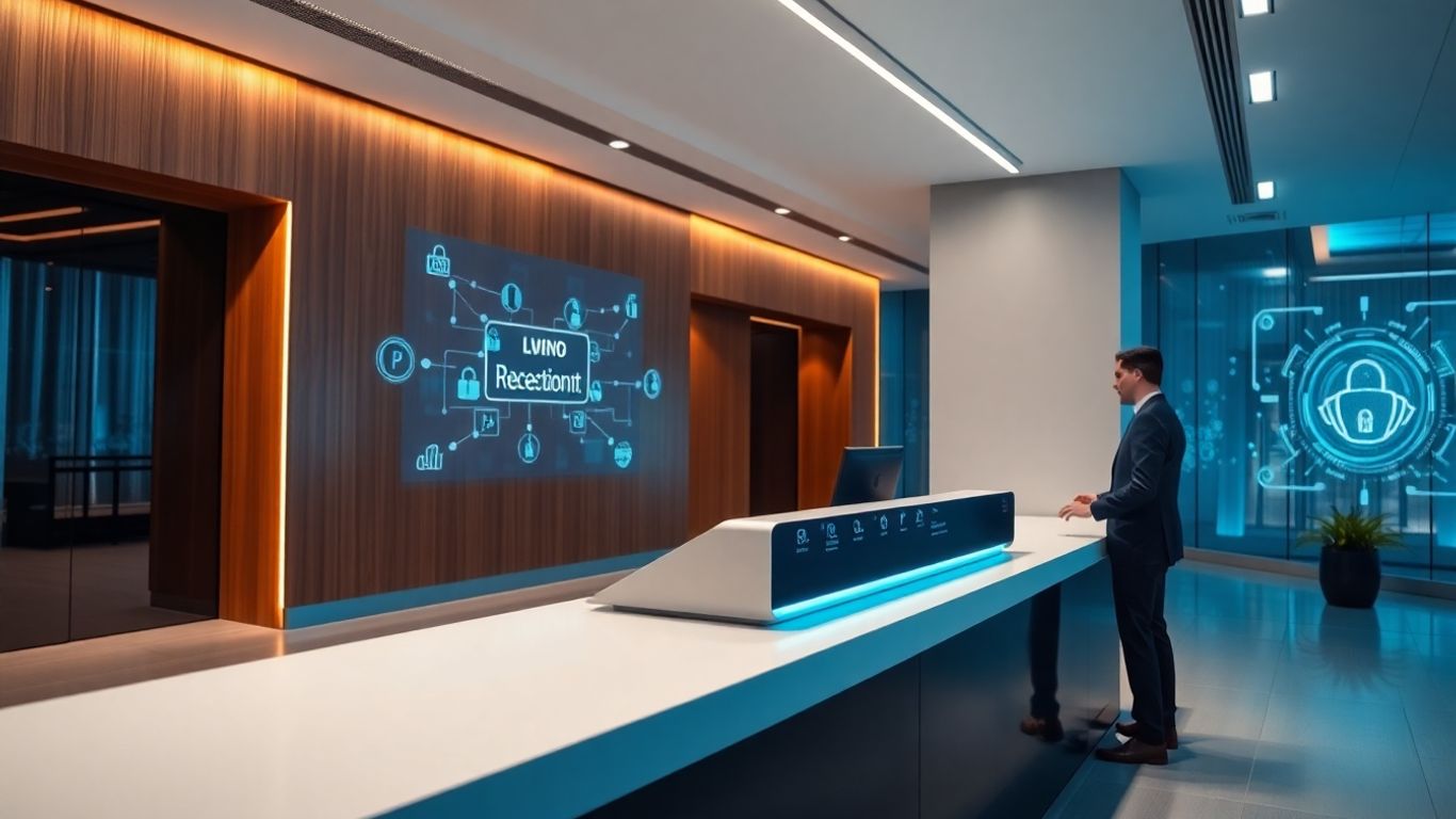 Businessperson interacting with AI receptionist in modern office lobby.