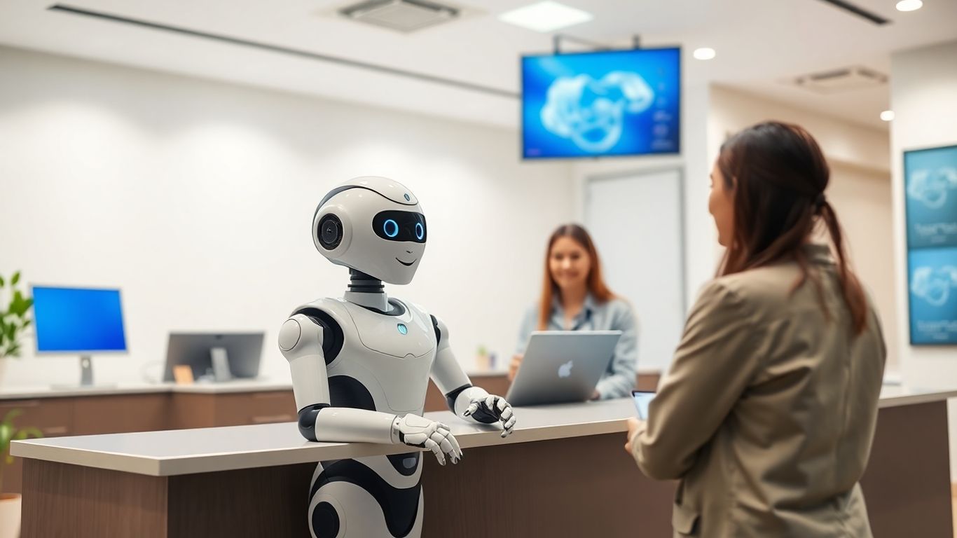 AI receptionist robot assisting patients at dental office desk