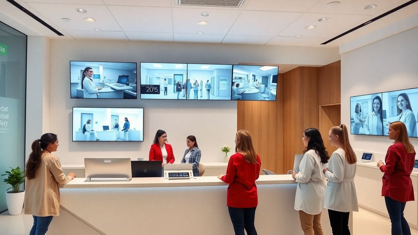 AI assistant at dental clinic front desk with patients