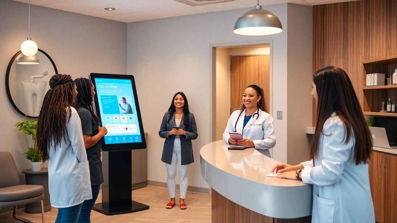 Diverse patients using AI kiosk at dental reception