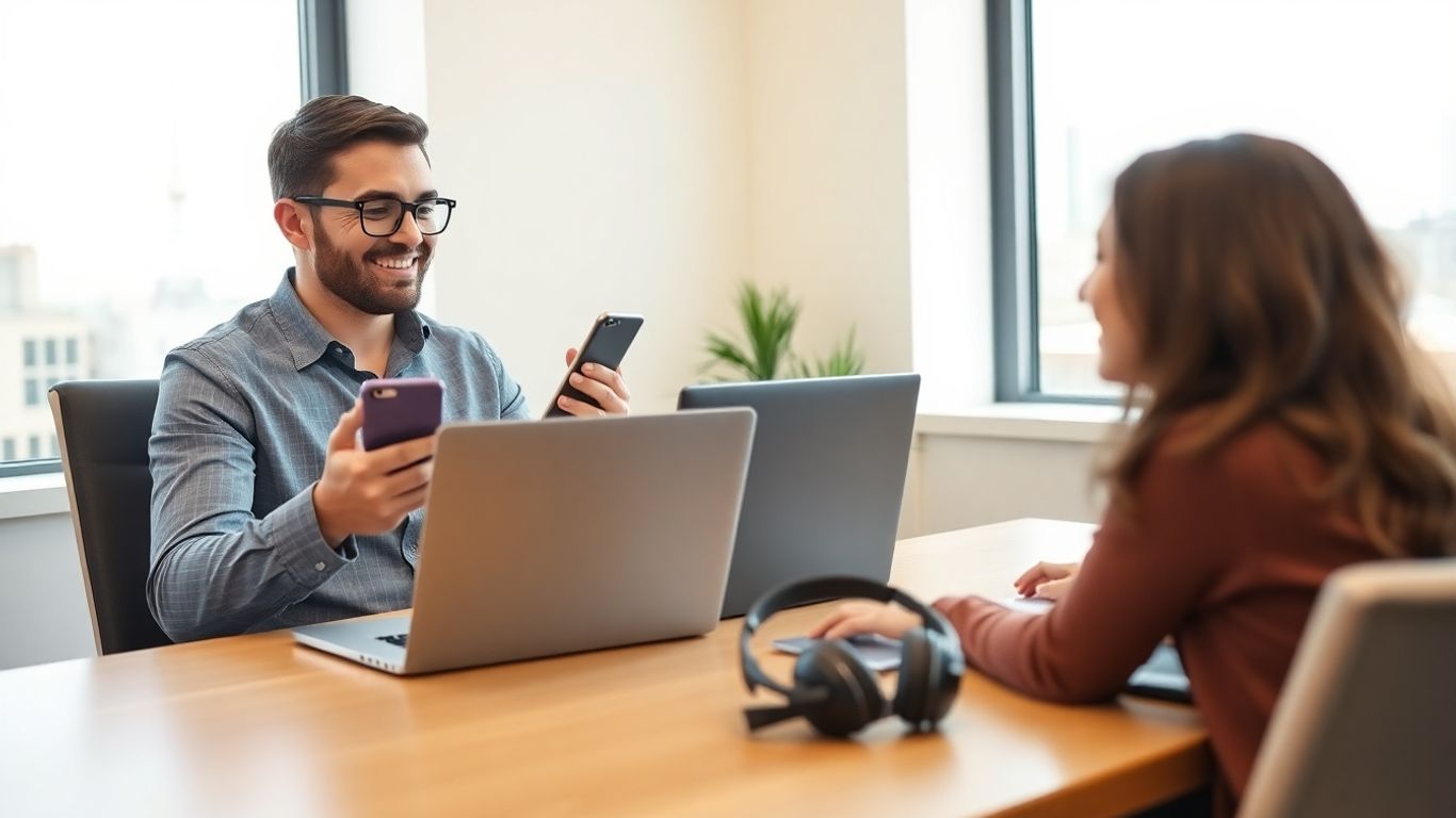 Realtor using smartphone and laptop in bright office