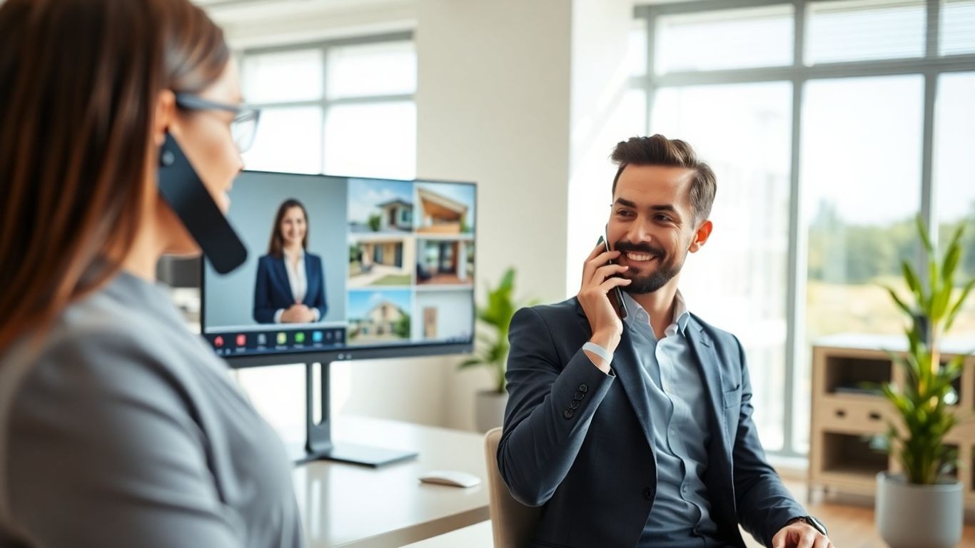 Real estate agent chatting with virtual receptionist in office