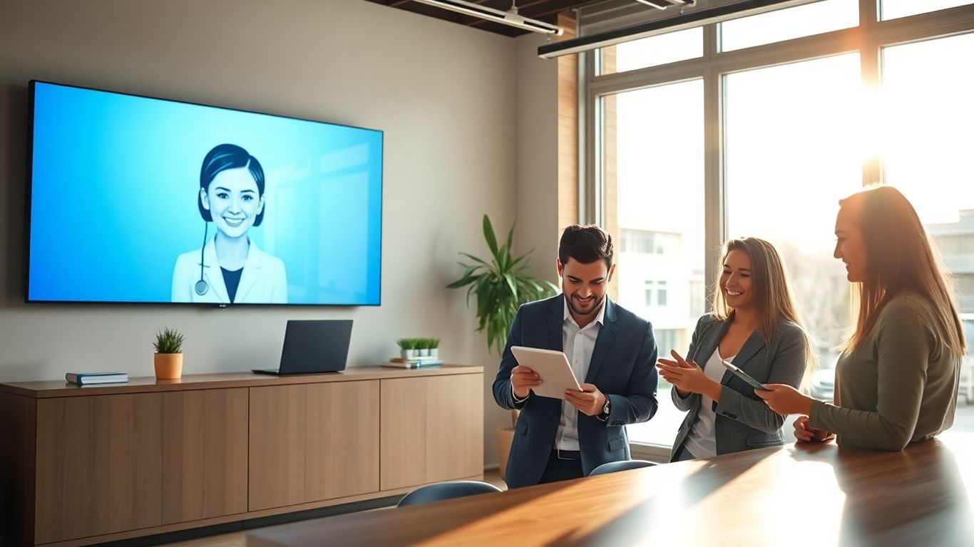 Virtual receptionist assists real estate agent with clients present.